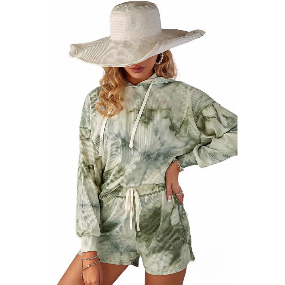 NEW HIDDEN jessica waffle tie dye hoodie and short set in olive